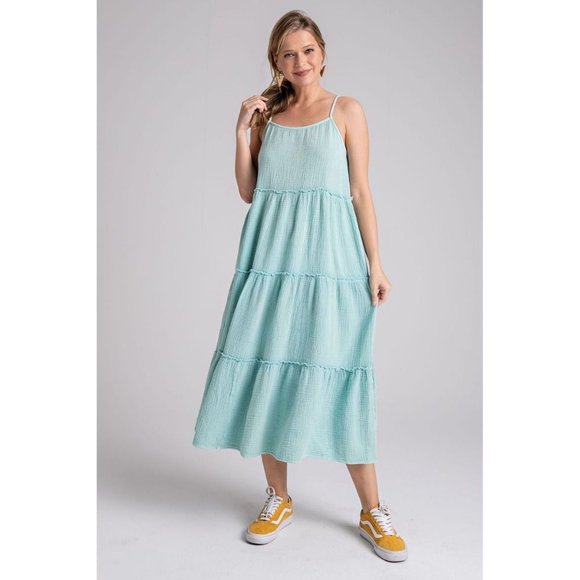 easel Dresses Easel Mint Blue Mineral Washed Cotton Gauze Tiered